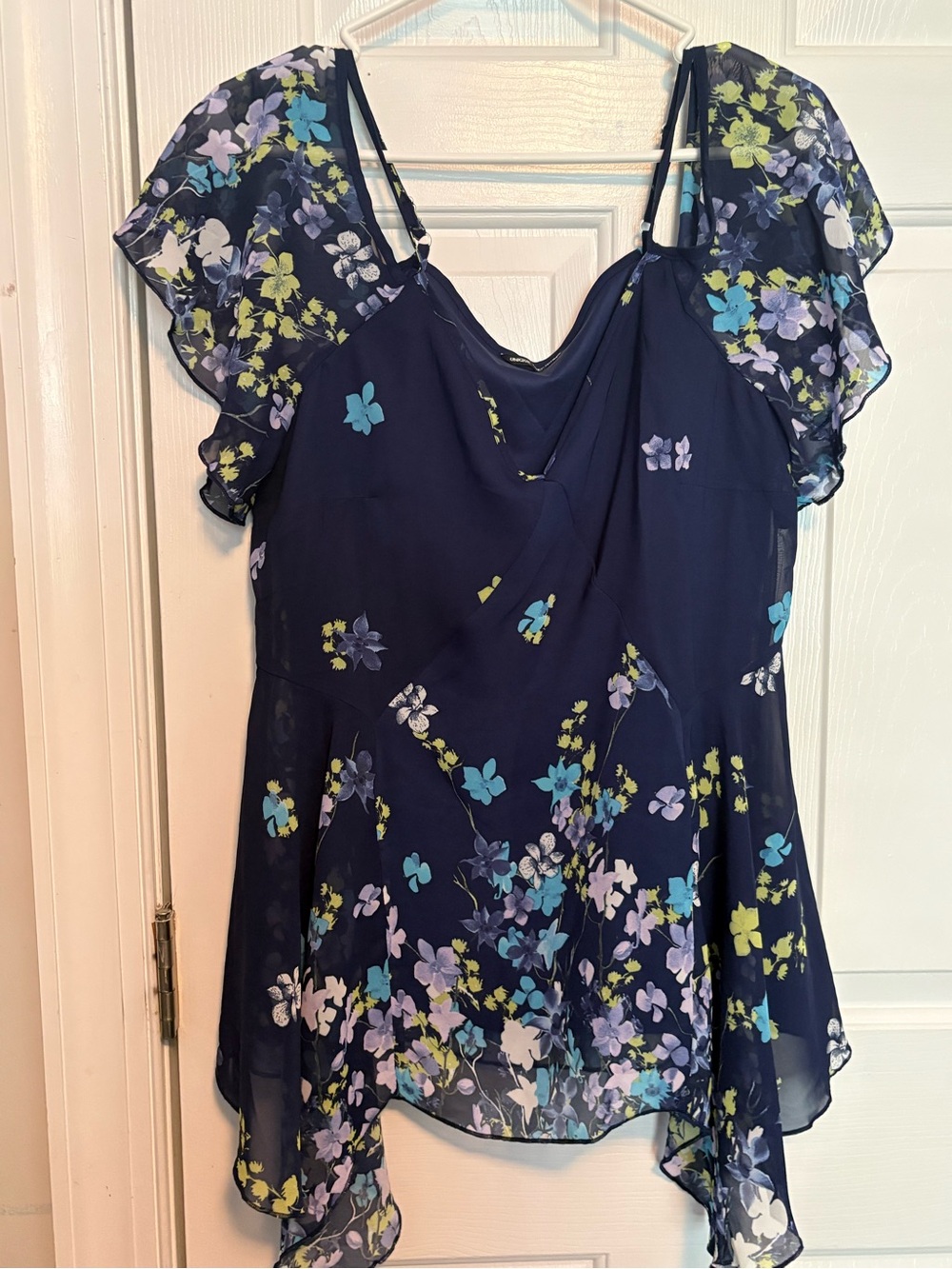 Unique Spectrum Navy Floral Flutter-Sleeve Women's Top